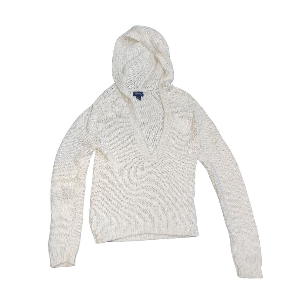 American Eagle Outfitters Chunky Open Knit Pullover Hooded Sweater SZ L Y2K 90s